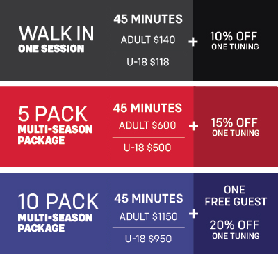 breakdown of 3 pricing tiers for walk in sessions, 5 packs, and 10 packs